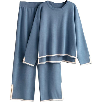 2024 Amazon Cross-border Lazy Style Knitted Wide Leg Pants Suit Sweater Pullover Γυναικεία Casual Pants Temperament Two Pieces