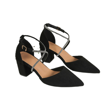 Γυναικεία καλοκαιρινά, μοντέρνα και κομψά, μαύρα ψηλοτάκουνα βελούδινα παπούτσια με διακοσμητικά στρας και μυτερή μύτη, σε νέο στυλ, από βελούδο.