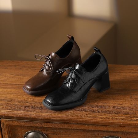 6,5 cm ~ pantofi retro cu dantelă adâncă, pantofi pentru femei cu toc înalt și cap pătrat, din piele, pantofi mici, pantofi francezi cu toc gros, stil britanic, mărime mare