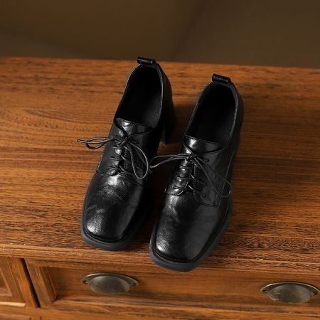 6,5 cm ~ pantofi retro cu dantelă adâncă, pantofi pentru femei cu toc înalt și cap pătrat, din piele, pantofi mici, pantofi francezi cu toc gros, stil britanic, mărime mare