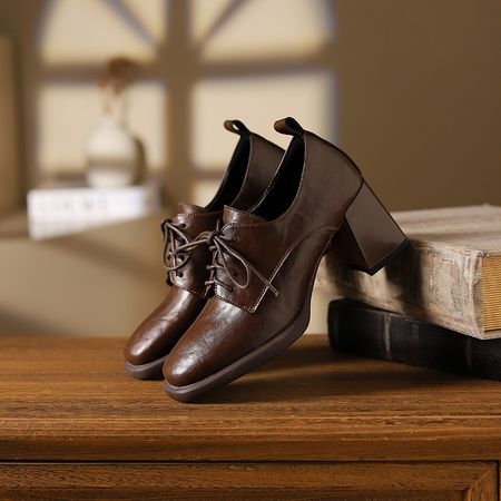 6,5 cm ~ pantofi retro cu dantelă adâncă, pantofi pentru femei cu toc înalt și cap pătrat, din piele, pantofi mici, pantofi francezi cu toc gros, stil britanic, mărime mare