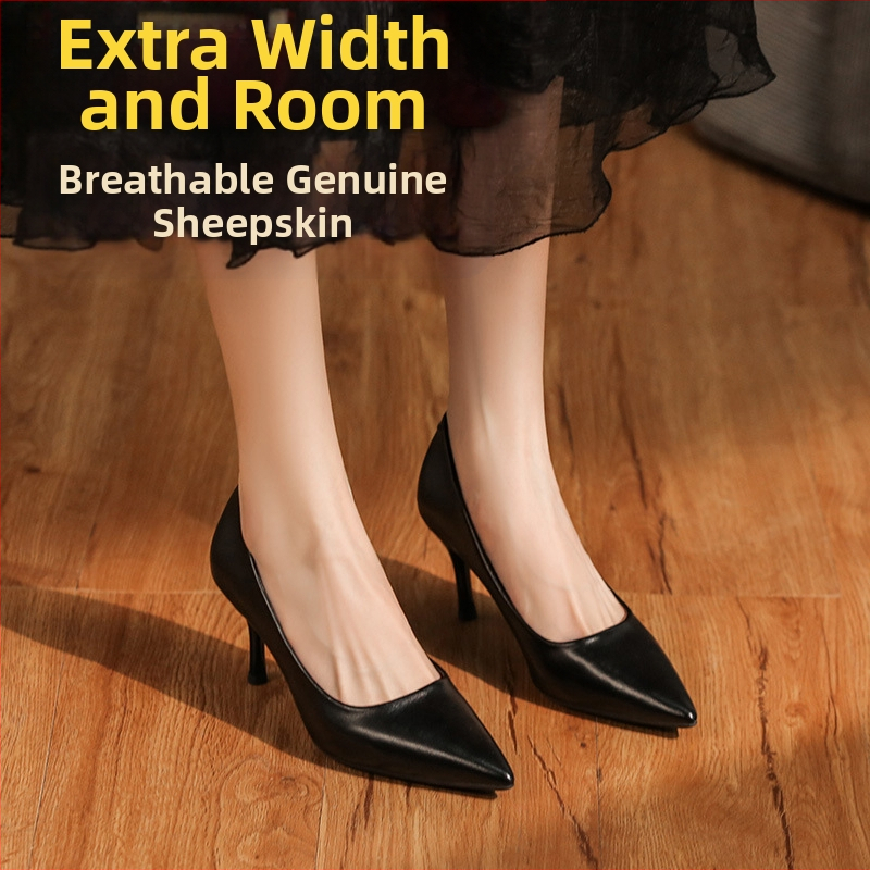 Y-2088 Dámske topánky z pravej ovčej kože, rozšírené a hrubé, mäkké, pre unavené nohy, čierne, pracovné topánky na vysokých podpätkoch, pre hrubé nohy, široké