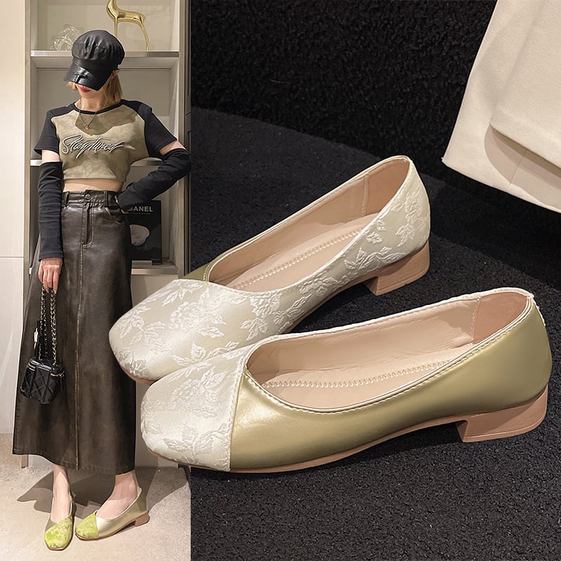 Balerínky Balerínky pre ženy Jar a jeseň Nový štýl Národný trend so sukňou Balerínky so štvorcovou špičkou Hrubý podpätok Všestranné čiapkové topánky Dámske módne balerínky