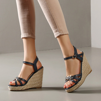 Sandale cu toc înalt pentru femei, cu vârful deschis, din material european și american, pentru comerț exterior transfrontalier, țesute cu paie, impermeabile, cu platformă și pantofi sport W578