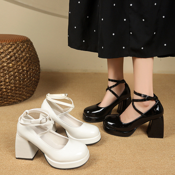 Γυναικεία παπούτσια Mary Jane 2024, μοντέρνα, ψηλοτάκουνα, με χοντρό τακούνι, ρηχό στόμιο, μαλακό δέρμα, χοντρό τακούνι, μαύρα, κομψά δερμάτινα παπούτσια χονδρικής