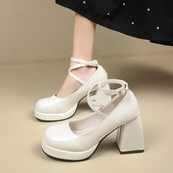 Γυναικεία παπούτσια Mary Jane 2024, μοντέρνα, ψηλοτάκουνα, με χοντρό τακούνι, ρηχό στόμιο, μαλακό δέρμα, χοντρό τακούνι, μαύρα, κομψά δερμάτινα παπούτσια χονδρικής