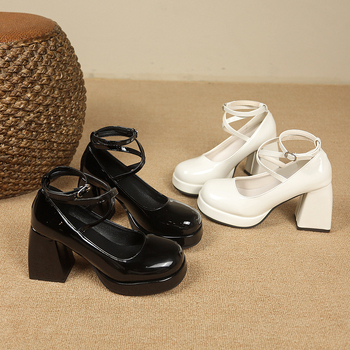 Γυναικεία παπούτσια Mary Jane 2024, μοντέρνα, ψηλοτάκουνα, με χοντρό τακούνι, ρηχό στόμιο, μαλακό δέρμα, χοντρό τακούνι, μαύρα, κομψά δερμάτινα παπούτσια χονδρικής