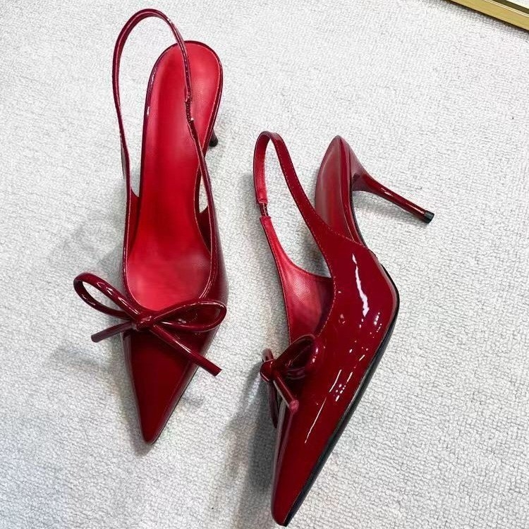 Sandale cu toc înalt, roșu vin, stil francez, cu fundă, stil nou, 2025, haine de exterior frumoase, cu toc stiletto ascuțit, pentru femei
