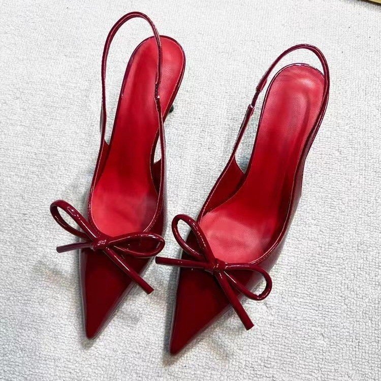 Sandale cu toc înalt, roșu vin, stil francez, cu fundă, stil nou, 2025, haine de exterior frumoase, cu toc stiletto ascuțit, pentru femei