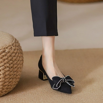 Letné nové dámske topánky na vysokých podpätkoch s plytkými ústami a mäkkou mašľou s mašľou a sukňou z francúzskeho materiálu, hrubým podpätkom