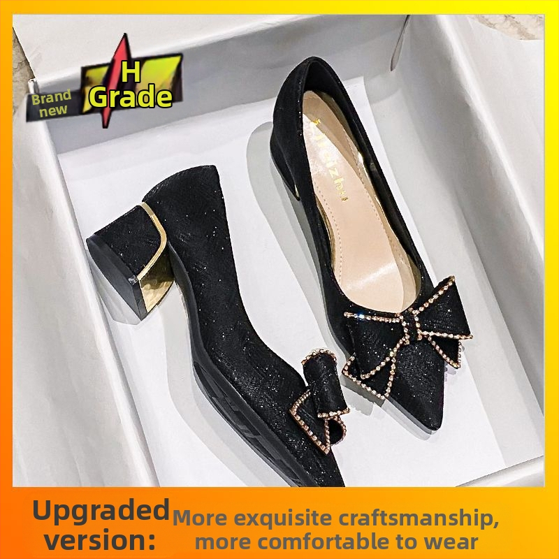 Letné nové dámske topánky na vysokých podpätkoch s plytkými ústami a mäkkou mašľou s mašľou a sukňou z francúzskeho materiálu, hrubým podpätkom