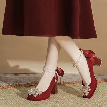 Ψηλοτάκουνα Mary Jane με χοντρό τακούνι, αντικουραστικά, νέα κινέζικα κοστούμια, κόκκινο κοστούμι Xiuhe, δύο τεμαχίων, νυφικά παπούτσια για γυναίκες