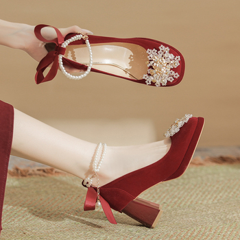 Ψηλοτάκουνα Mary Jane με χοντρό τακούνι, αντικουραστικά, νέα κινέζικα κοστούμια, κόκκινο κοστούμι Xiuhe, δύο τεμαχίων, νυφικά παπούτσια για γυναίκες