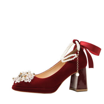 Ψηλοτάκουνα Mary Jane με χοντρό τακούνι, αντικουραστικά, νέα κινέζικα κοστούμια, κόκκινο κοστούμι Xiuhe, δύο τεμαχίων, νυφικά παπούτσια για γυναίκες
