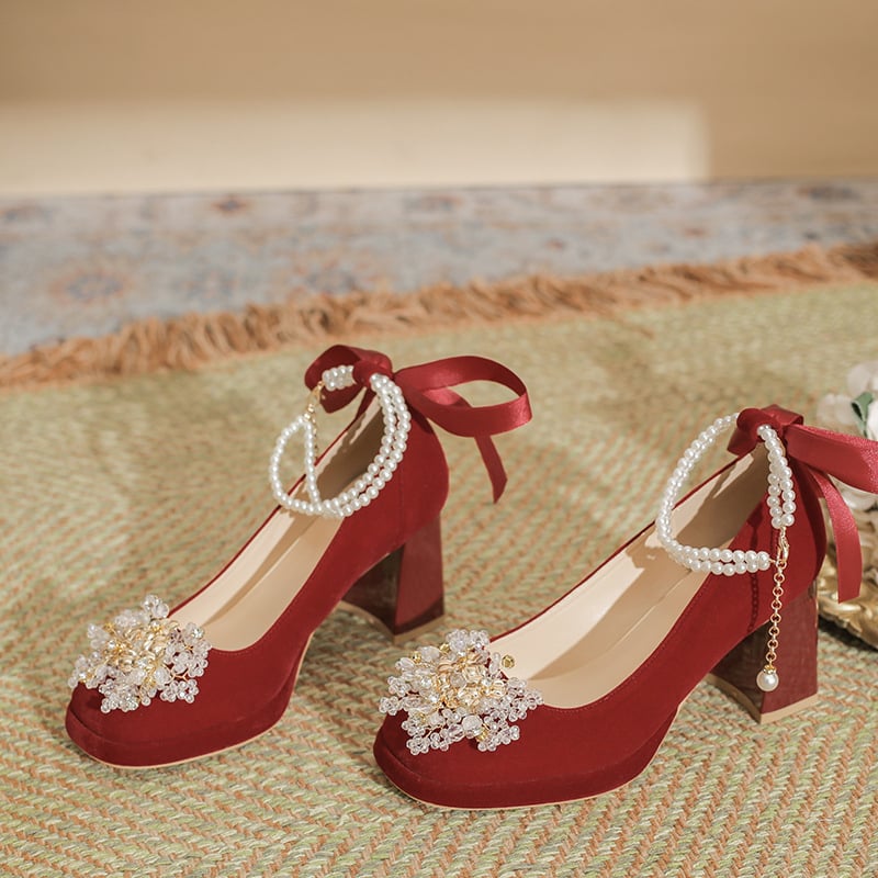 Svadobné topánky Mary Jane na hrubom podpätku, neunavujúce vysoké podpätky, nový čínsky štýl dynastie Han, červený oblek Xiuhe, dvojdielne, pre ženy