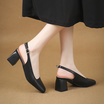 Σανδάλια με τυλιγμένο κεφάλι 2024 καλοκαίρι νέου στυλ χοντρό τακούνι γαλλικά ψηλοτάκουνα γυναικεία μονά λουράκια με μεσαίο τακούνι χωρίς πλάτη