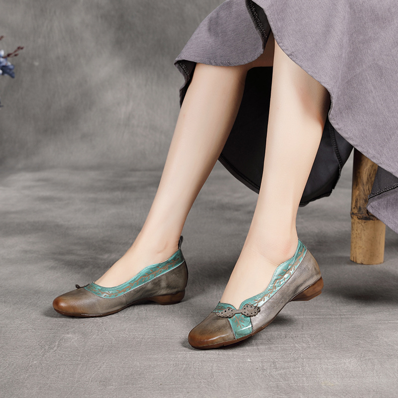 Γυναικεία παπούτσια Mori με χαμηλό τακούνι, ρετρό, στρογγυλό κεφάλι, φαρδύ πόδι, γυναικεία παπούτσια Joker, ρηχό στόμα, δέρμα αγελάδας, απευθείας πωλήσεις από το εργοστάσιο.