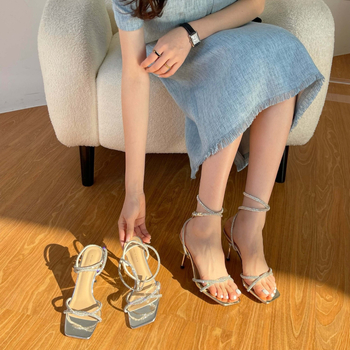 Sandale femei 2023 vară nouă toc fin toc înalt cap pătrat stras sexy curea încrucișată pantofi