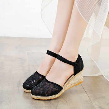 Sandale cu platformă pentru femei, vară, dantelă, plasă, cool, asortate, cu o singură curea, vârful închis, cataramă, la modă, respirabile, tocuri înalte, vară pentru femei