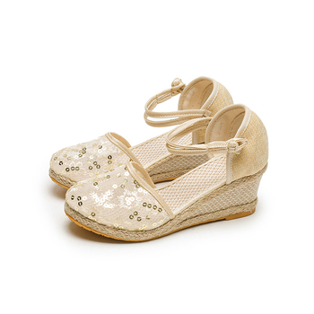 Sandale cu platformă pentru femei, vară, dantelă, plasă, cool, asortate, cu o singură curea, vârful închis, cataramă, la modă, respirabile, tocuri înalte, vară pentru femei