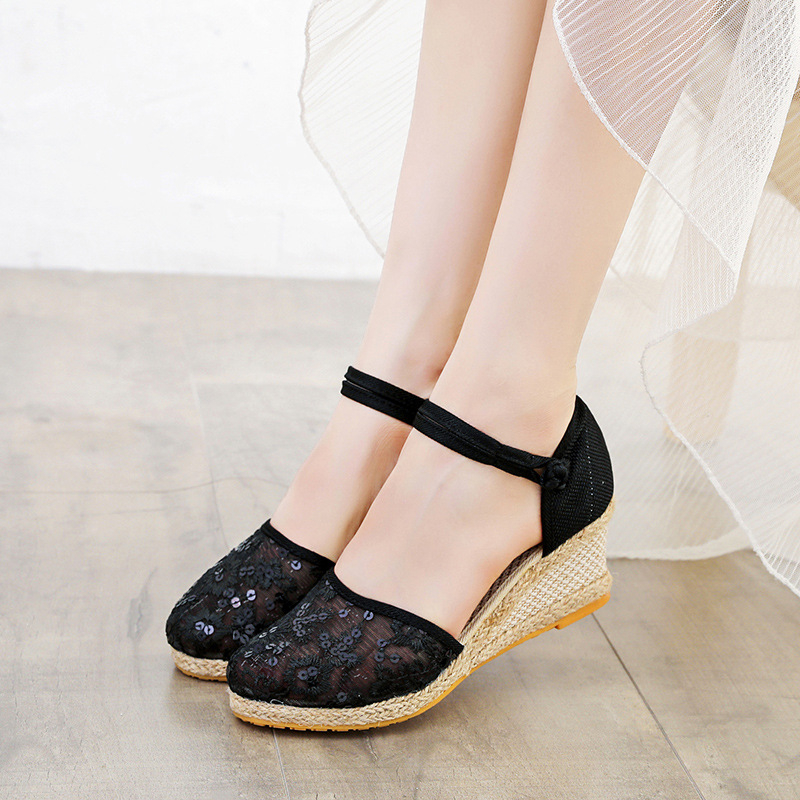 Sandale cu platformă pentru femei, vară, dantelă, plasă, cool, asortate, cu o singură curea, vârful închis, cataramă, la modă, respirabile, tocuri înalte, vară pentru femei