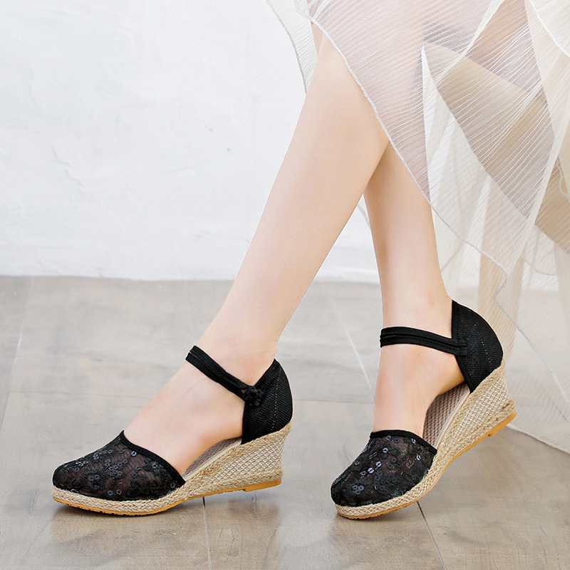 Sandale cu platformă pentru femei, vară, dantelă, plasă, cool, asortate, cu o singură curea, vârful închis, cataramă, la modă, respirabile, tocuri înalte, vară pentru femei