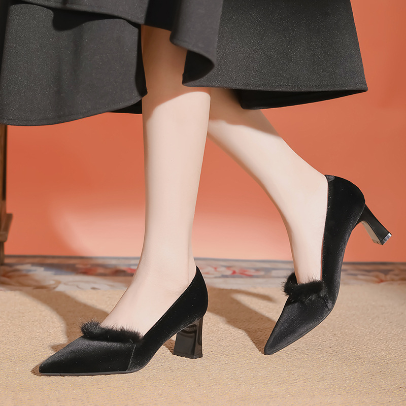 Σέξι σουέτ παπούτσια με χοντρό τακούνι, γυναικεία χειμερινά, απλά, αφράτα ψηλοτάκουνα με επένδυση από φλις, επαγγελματικά γυναικεία παπούτσια για άνετη εφαρμογή.