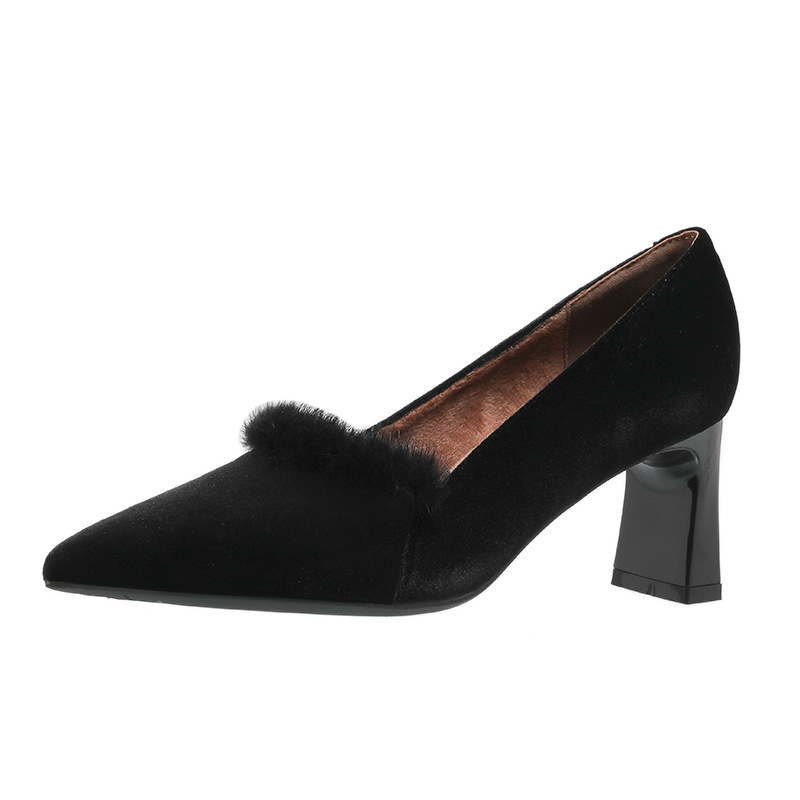 Σέξι σουέτ παπούτσια με χοντρό τακούνι, γυναικεία χειμερινά, απλά, αφράτα ψηλοτάκουνα με επένδυση από φλις, επαγγελματικά γυναικεία παπούτσια για άνετη εφαρμογή.