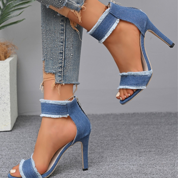 Καλοκαίρι 2025 Νέα μοντέρνα τζιν ρωμαϊκά σανδάλια με τακούνι, γυναικεία σανδάλια, all-match σανδάλια