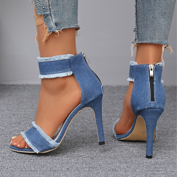 Καλοκαίρι 2025 Νέα μοντέρνα τζιν ρωμαϊκά σανδάλια με τακούνι, γυναικεία σανδάλια, all-match σανδάλια