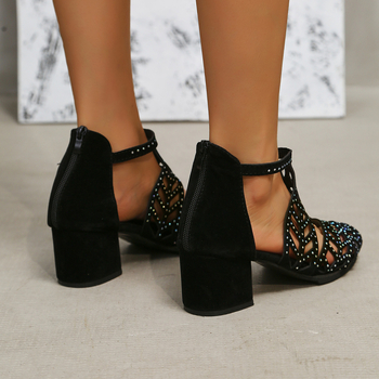 Εξωτερικό εμπόριο plus size AliExpress κοίλο στρας peep toe χοντρό τακούνι ψηλοτάκουνα σανδάλια γυναικεία νέα παπούτσια μόδας με φερμουάρ πίσω τσάντα τακουνιού