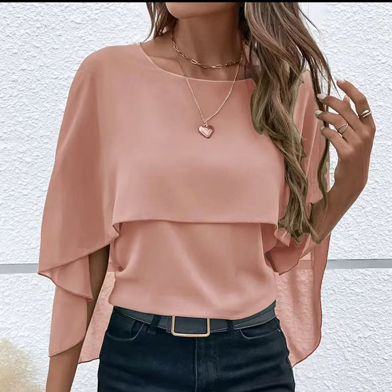 2024 Amazon AliExpress ebay Външна търговия Дамско облекло Пролет и лято Жокер Обло деколте Плътен цвят Многослойна риза с ръкав и наметало