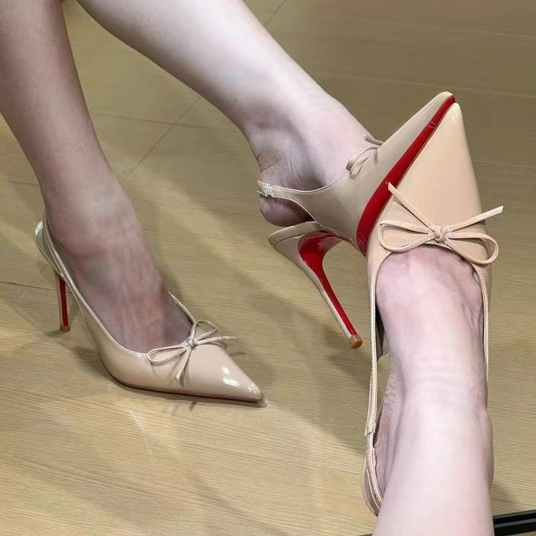 Pantofi de damă 2025 Toamna nouă Sandale goale din piele neagră cu toc înalt și fundă pentru femei