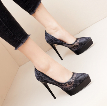 639-15 Αδιάβροχα Ψηλοτάκουνα με Πλατφόρμα και Τακούνι Στιλέτο, Μυτερά Γυναικεία Σέξι Παπούτσια Νυχτερινής Εργασίας με Δαντέλα και Διχτυωτό Τακούνι