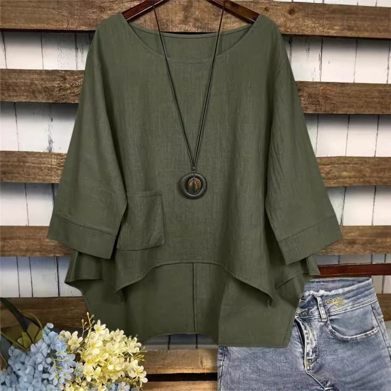 2025 Zahraničný obchod Amazon eBay Letná móda plus size okrúhly výstrih vrecko jednofarebné nepravidelné tričko blúzka Ins