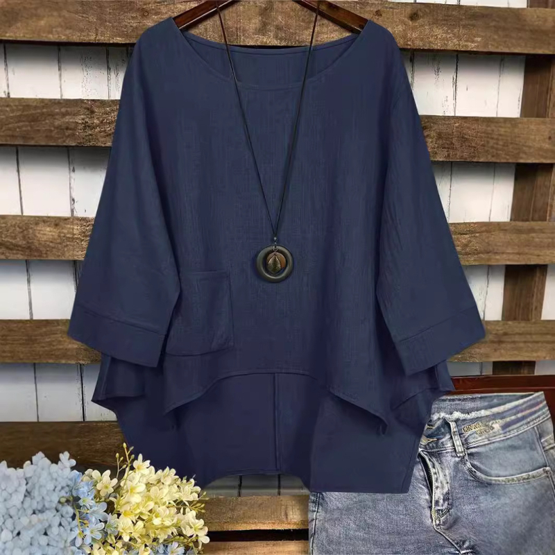 2025 Zahraničný obchod Amazon eBay Letná móda plus size okrúhly výstrih vrecko jednofarebné nepravidelné tričko blúzka Ins