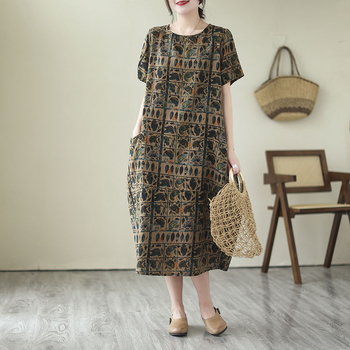 Real Shot 2023 Ljeto Nova korejska haljina s velikim printom, ženska elegantna pamučna i lanena haljina s okruglim izrezom srednje duljine