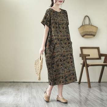 Real Shot 2023 Ljeto Nova korejska haljina s velikim printom, ženska elegantna pamučna i lanena haljina s okruglim izrezom srednje duljine