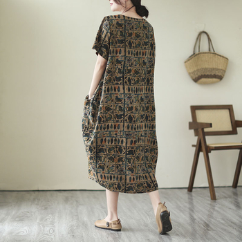 Real Shot 2023 Ljeto Nova korejska haljina s velikim printom, ženska elegantna pamučna i lanena haljina s okruglim izrezom srednje duljine