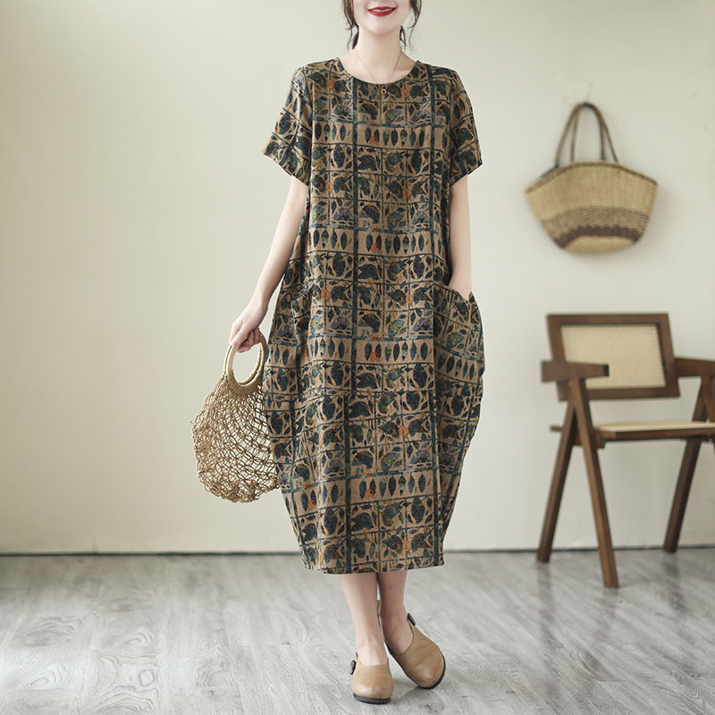 Real Shot 2023 Ljeto Nova korejska haljina s velikim printom, ženska elegantna pamučna i lanena haljina s okruglim izrezom srednje duljine