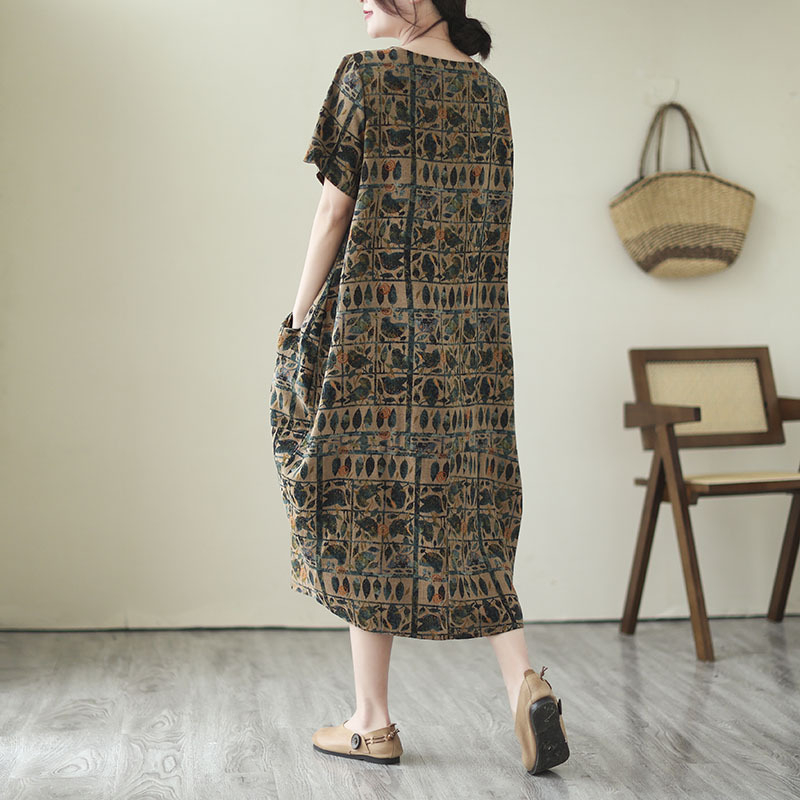 Real Shot 2023 Ljeto Nova korejska haljina s velikim printom, ženska elegantna pamučna i lanena haljina s okruglim izrezom srednje duljine