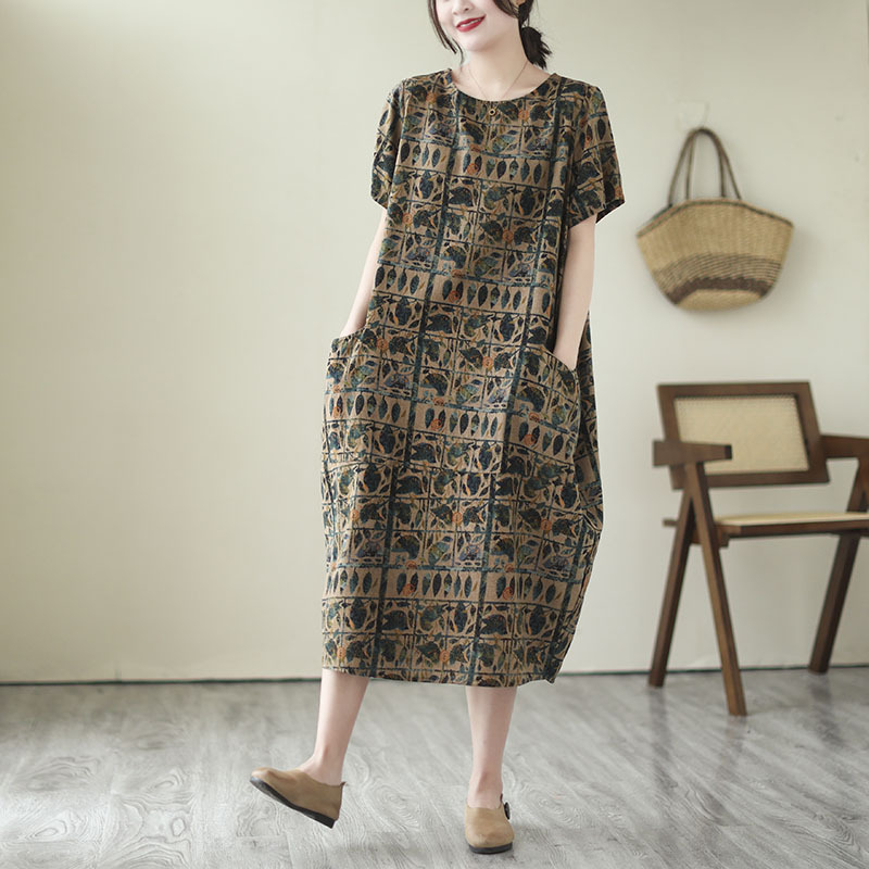 Real Shot 2023 Ljeto Nova korejska haljina s velikim printom, ženska elegantna pamučna i lanena haljina s okruglim izrezom srednje duljine