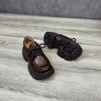 Γυναικεία Παπούτσια Πλατφόρμας Άνοιξη και Φθινόπωρο 2025, Vintage, Casual Παπούτσια από Μαλακό Δέρμα, Στρογγυλή Μύτη, Μονά Παπούτσια με Κορδόνια, Ψηλοτάκουνα Παπούτσια Temperament, Αντιολισθητικά