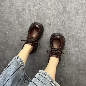 Γυναικεία Παπούτσια Πλατφόρμας Άνοιξη και Φθινόπωρο 2025, Vintage, Casual Παπούτσια από Μαλακό Δέρμα, Στρογγυλή Μύτη, Μονά Παπούτσια με Κορδόνια, Ψηλοτάκουνα Παπούτσια Temperament, Αντιολισθητικά