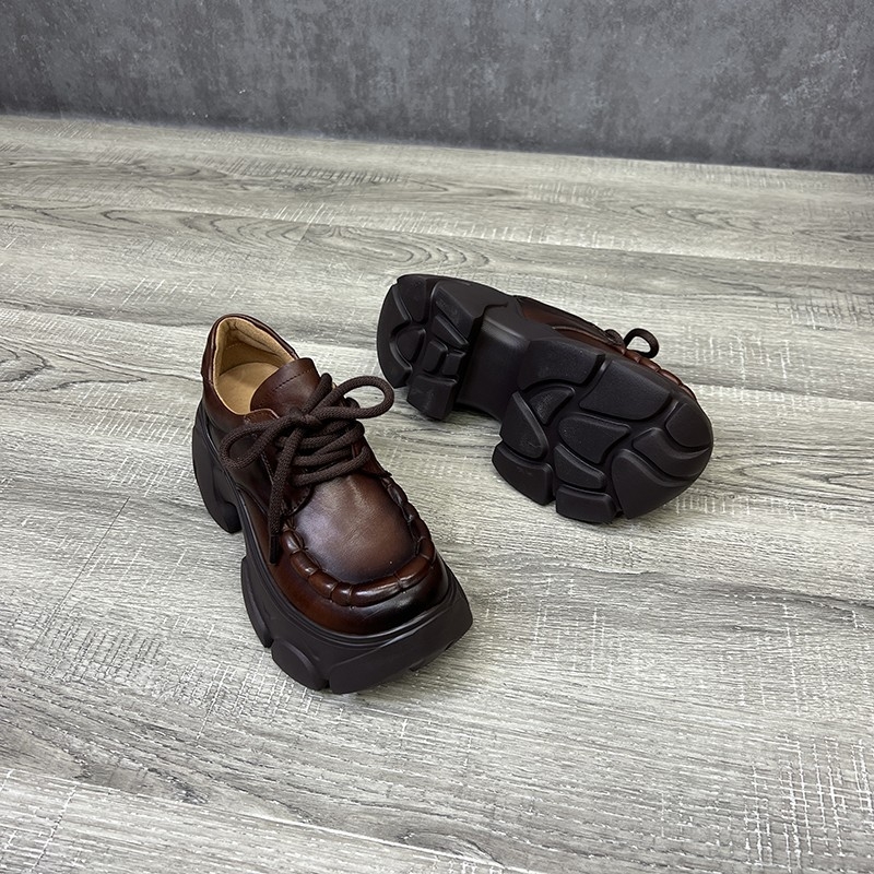 Γυναικεία Παπούτσια Πλατφόρμας Άνοιξη και Φθινόπωρο 2025, Vintage, Casual Παπούτσια από Μαλακό Δέρμα, Στρογγυλή Μύτη, Μονά Παπούτσια με Κορδόνια, Ψηλοτάκουνα Παπούτσια Temperament, Αντιολισθητικά