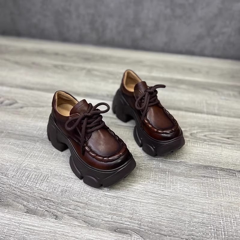 Γυναικεία Παπούτσια Πλατφόρμας Άνοιξη και Φθινόπωρο 2025, Vintage, Casual Παπούτσια από Μαλακό Δέρμα, Στρογγυλή Μύτη, Μονά Παπούτσια με Κορδόνια, Ψηλοτάκουνα Παπούτσια Temperament, Αντιολισθητικά