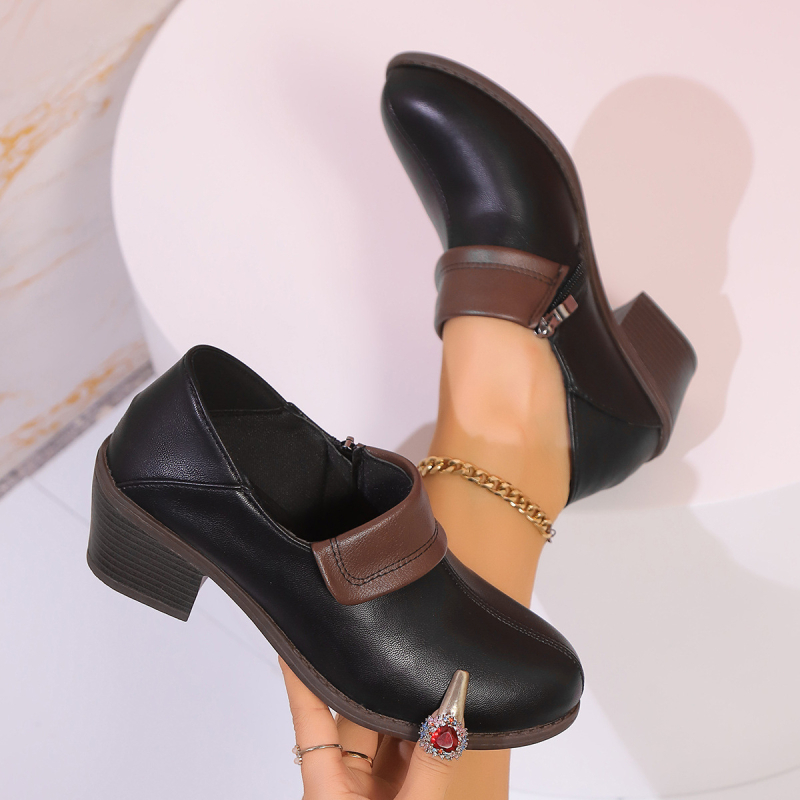 Pantofi cu toc gros pentru femei, 2025, primăvara și iarna, noi, casual, din piele, asortate, pantofi la modă, cu fermoar lateral, cu gura adâncă, pantofi pentru femei