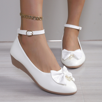 Καλοκαιρινά, απλά, φλατ παπούτσια με στρογγυλή μύτη, μονής στρώσης, σε all-match στυλ, χαριτωμένα παπούτσια Mary Jane με φιόγκο και ζώνη με αγκράφα
