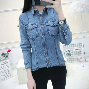 Real Shot Spring New Denim Shirt Women's Slim-Fit Stretch Jacket All-Asortate cu mânecă lungă din denim, haine albastru deschis spandex