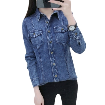 Real Shot Spring New Denim Shirt Women's Slim-Fit Stretch Jacket All-Asortate cu mânecă lungă din denim, haine albastru deschis spandex